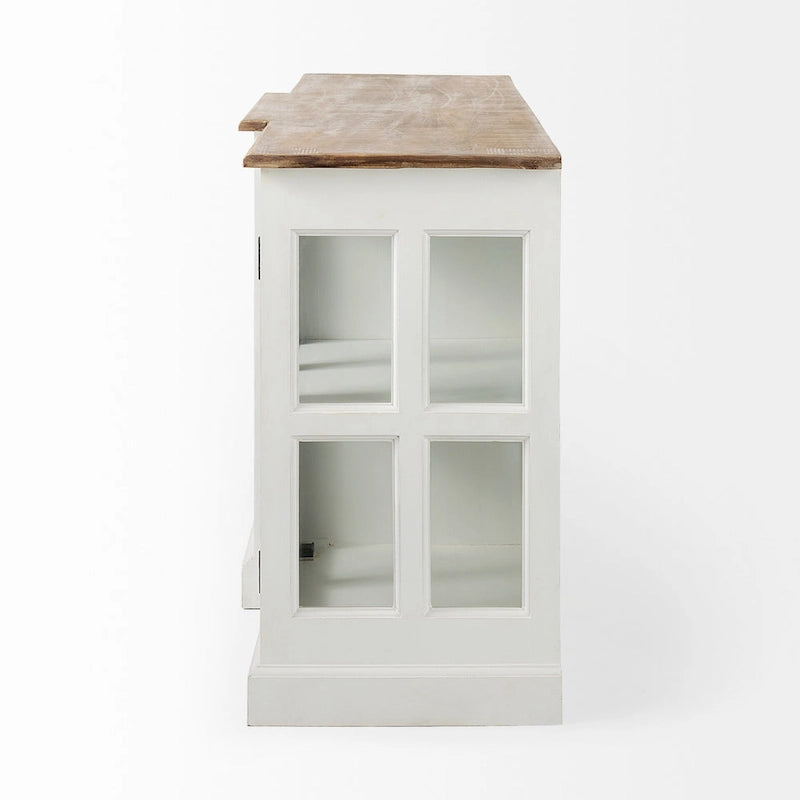 Aparador blanco y negro con tablero de madera marrón – 2 armarios de cristal y 4 cajones