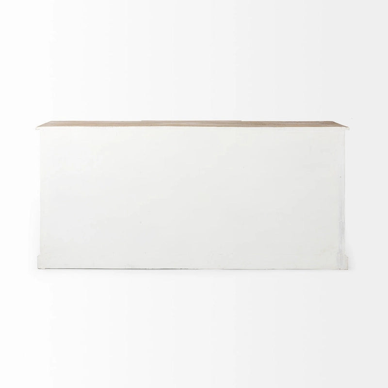 Aparador blanco y negro con tablero de madera marrón – 2 armarios de cristal y 4 cajones