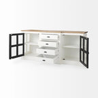 Aparador blanco y negro con tablero de madera marrón – 2 armarios de cristal y 4 cajones