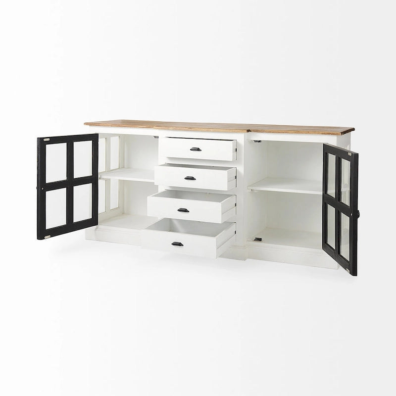 Aparador blanco y negro con tablero de madera marrón – 2 armarios de cristal y 4 cajones