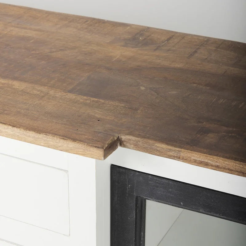 Aparador blanco y negro con tablero de madera marrón – 2 armarios de cristal y 4 cajones