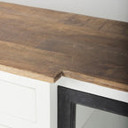 Aparador blanco y negro con tablero de madera marrón – 2 armarios de cristal y 4 cajones