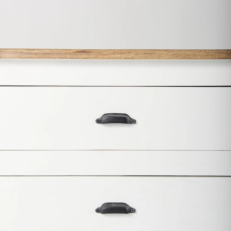 Aparador blanco y negro con tablero de madera marrón – 2 armarios de cristal y 4 cajones