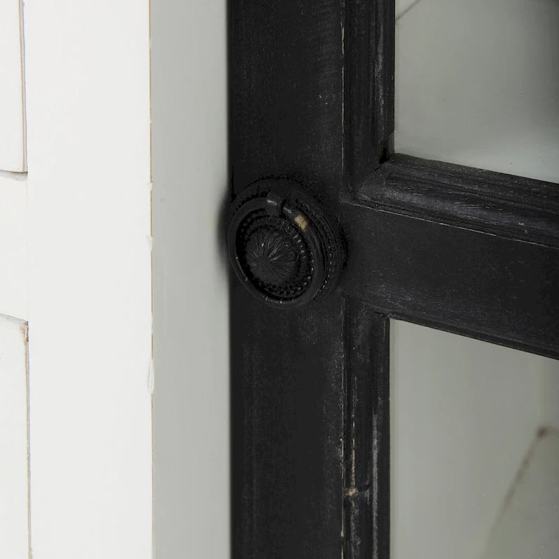 Aparador blanco y negro con tablero de madera marrón – 2 armarios de cristal y 4 cajones
