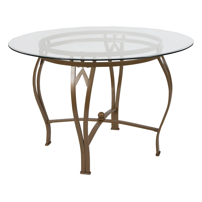 Mesa de comedor redonda de cristal con estructura metálica curvada