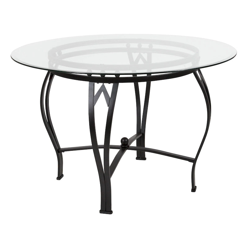 Mesa de comedor redonda de cristal con estructura metálica curvada