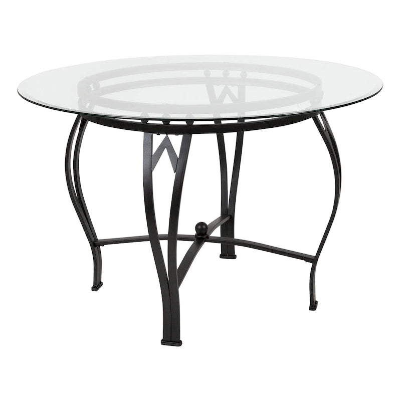 Mesa de comedor redonda de cristal con estructura metálica curvada