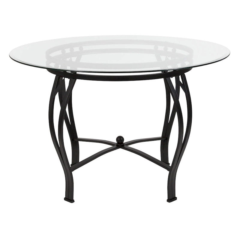 Mesa de comedor redonda de cristal con estructura metálica curvada