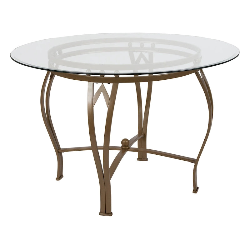 Mesa de comedor redonda de cristal con estructura metálica curvada