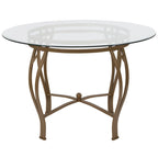Mesa de comedor redonda de cristal con estructura metálica curvada