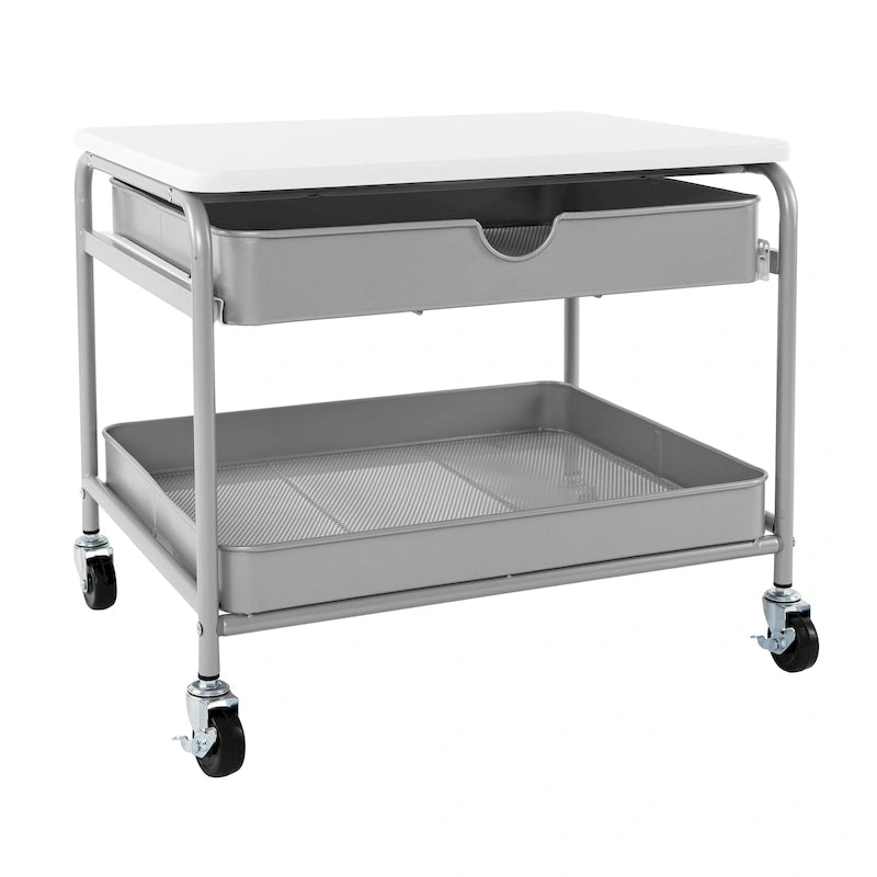 Carrito de almacenamiento bajo escritorio plateado y blanco con 2 cestas de alambre, 1 persona