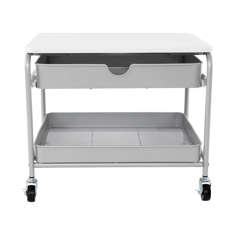 Carrito de almacenamiento bajo escritorio plateado y blanco con 2 cestas de alambre, 1 persona