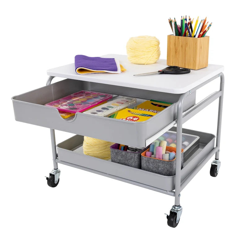 Carrito de almacenamiento bajo escritorio plateado y blanco con 2 cestas de alambre, 1 persona