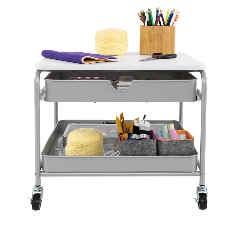 Carrito de almacenamiento bajo escritorio plateado y blanco con 2 cestas de alambre, 1 persona