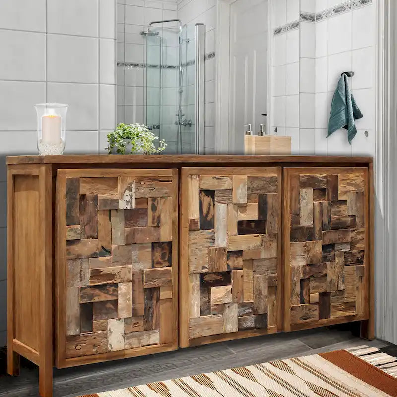 Armario de lino de 3 puertas con acabado natural marrón – Madera de teca reciclada