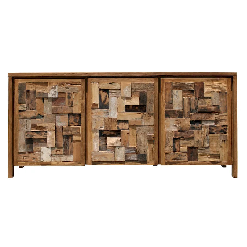 Armario de lino de 3 puertas con acabado natural marrón – Madera de teca reciclada