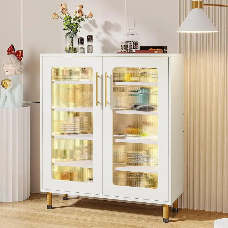 Mueble aparador moderno blanco con luz LED y puertas acrílicas, 5 estantes de almacenamiento