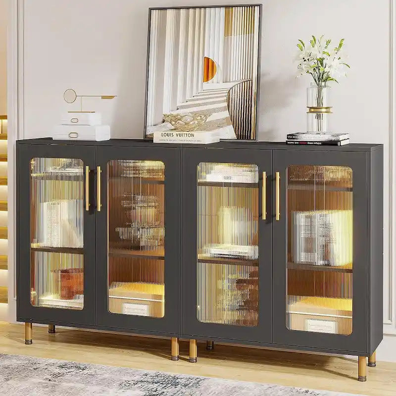 Mueble aparador moderno blanco con luz LED y puertas acrílicas, 5 estantes de almacenamiento
