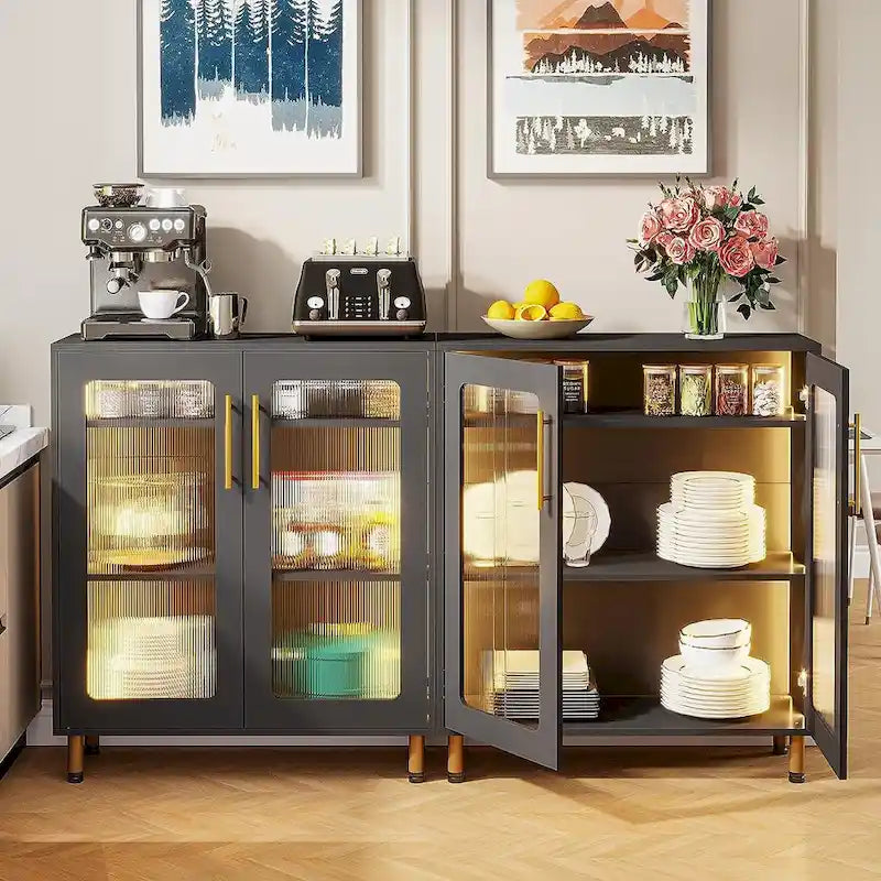 Mueble aparador moderno blanco con luz LED y puertas acrílicas, 5 estantes de almacenamiento
