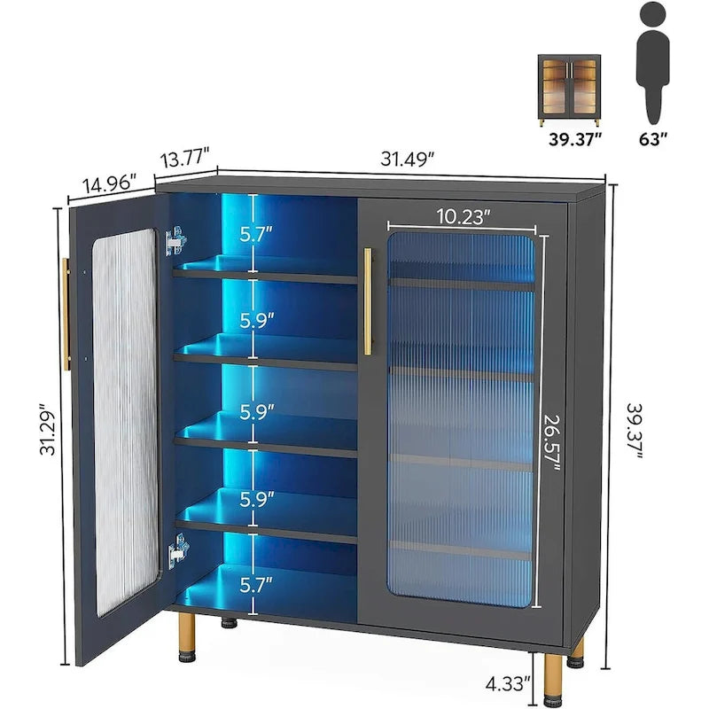 Mueble aparador moderno blanco con luz LED y puertas acrílicas, 5 estantes de almacenamiento