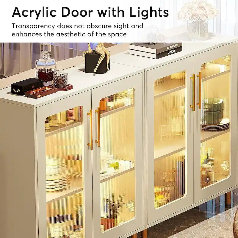 Mueble aparador moderno blanco con luz LED y puertas acrílicas, 5 estantes de almacenamiento