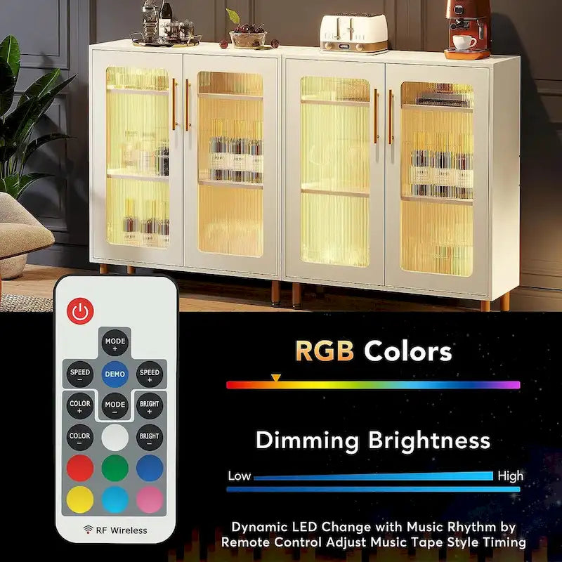 Mueble aparador moderno blanco con luz LED y puertas acrílicas, 5 estantes de almacenamiento
