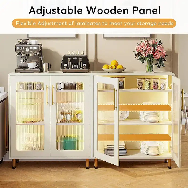 Mueble aparador moderno blanco con luz LED y puertas acrílicas, 5 estantes de almacenamiento