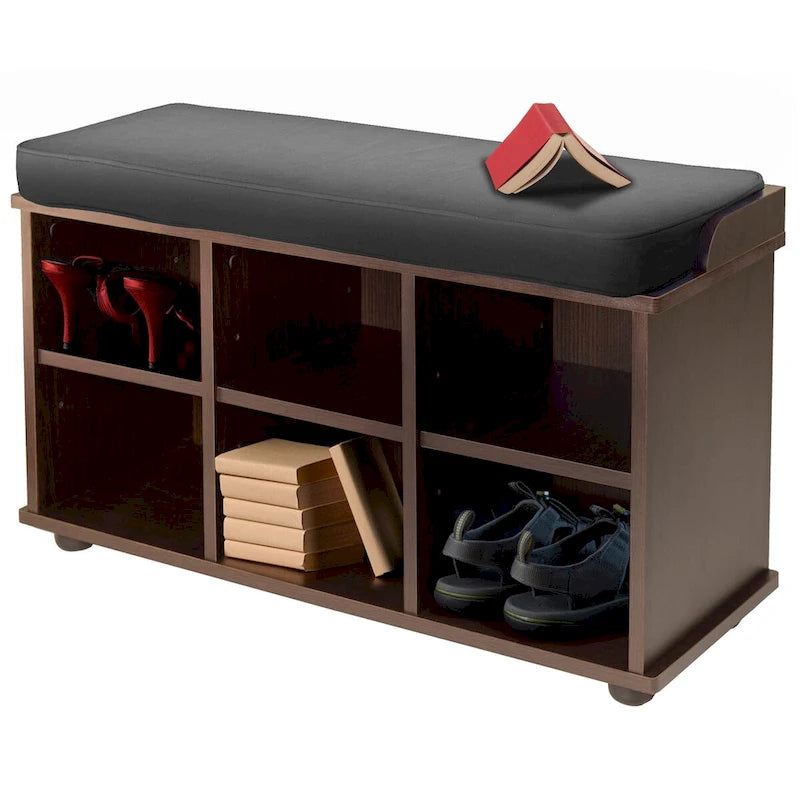 Banco de almacenamiento negro/espresso con cojín, 1 persona, 33.7×12.52×19.17 pulg.