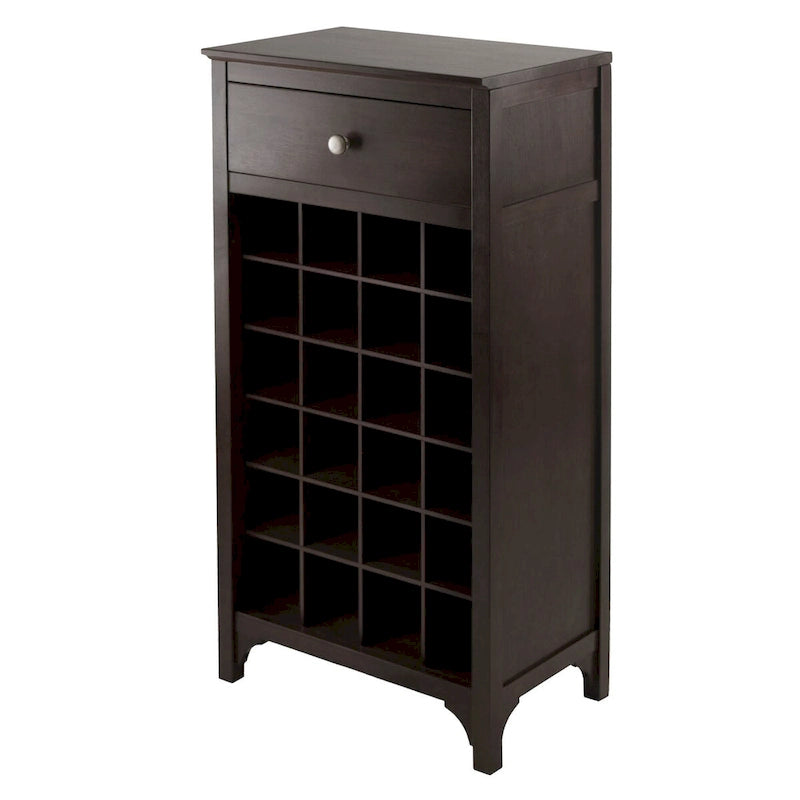 Vinoteca de madera color espresso, independiente, con capacidad para 20 botellas
