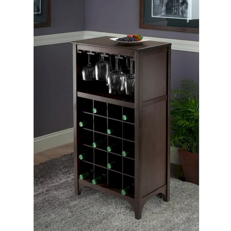 Vinoteca de madera color espresso, independiente, con capacidad para 20 botellas