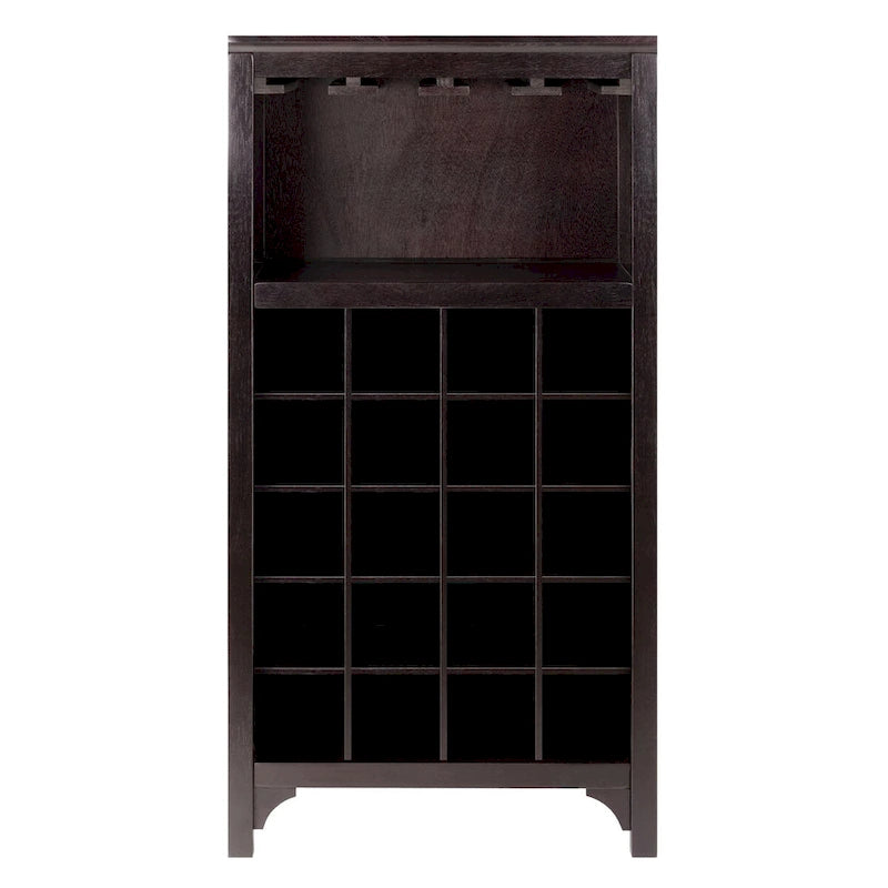 Vinoteca de madera color espresso, independiente, con capacidad para 20 botellas