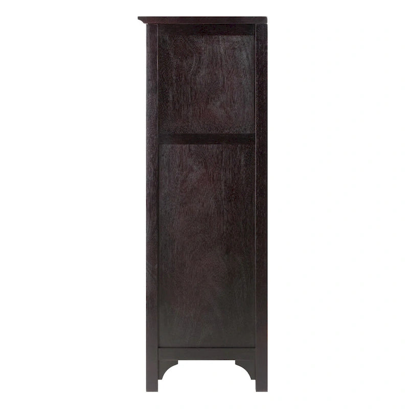 Vinoteca de madera color espresso, independiente, con capacidad para 20 botellas