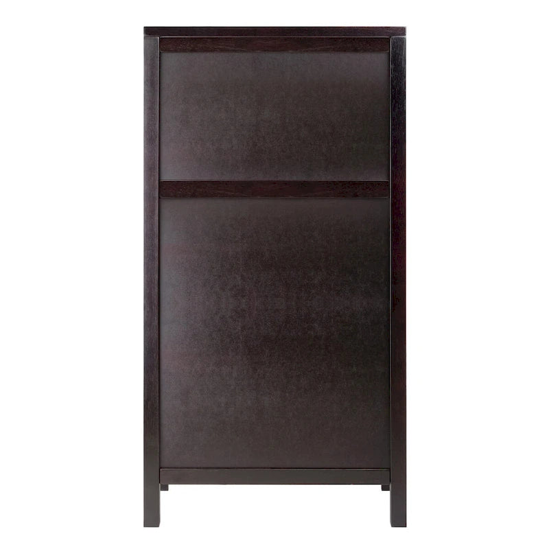 Vinoteca de madera color espresso, independiente, con capacidad para 20 botellas
