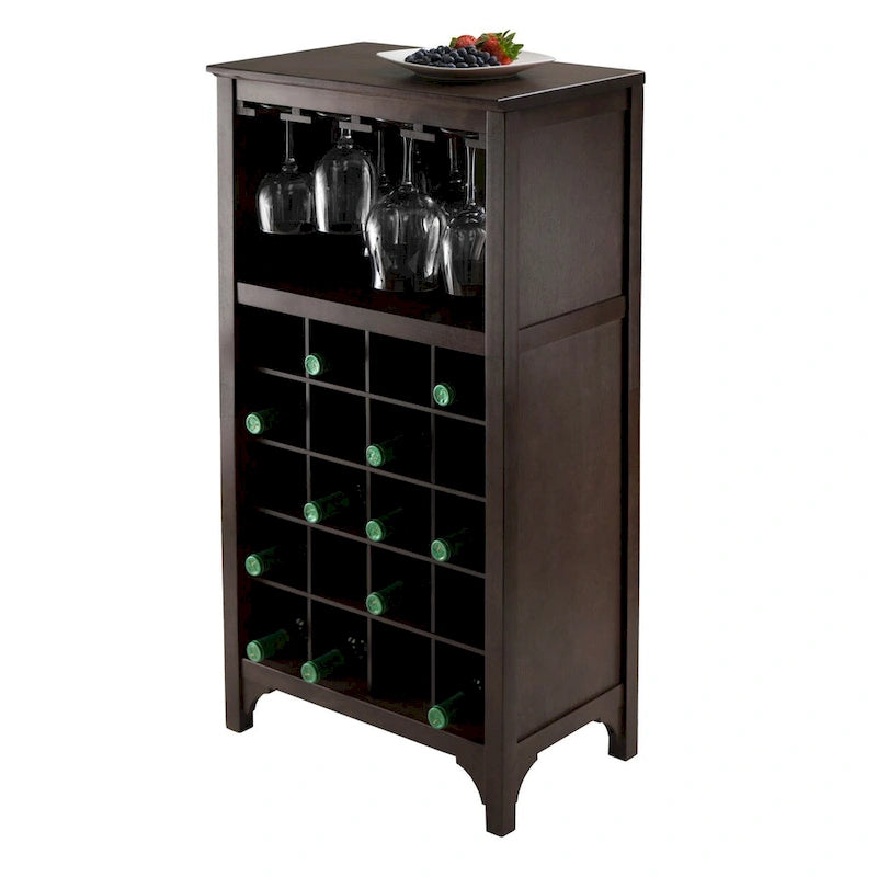Vinoteca de madera color espresso, independiente, con capacidad para 20 botellas