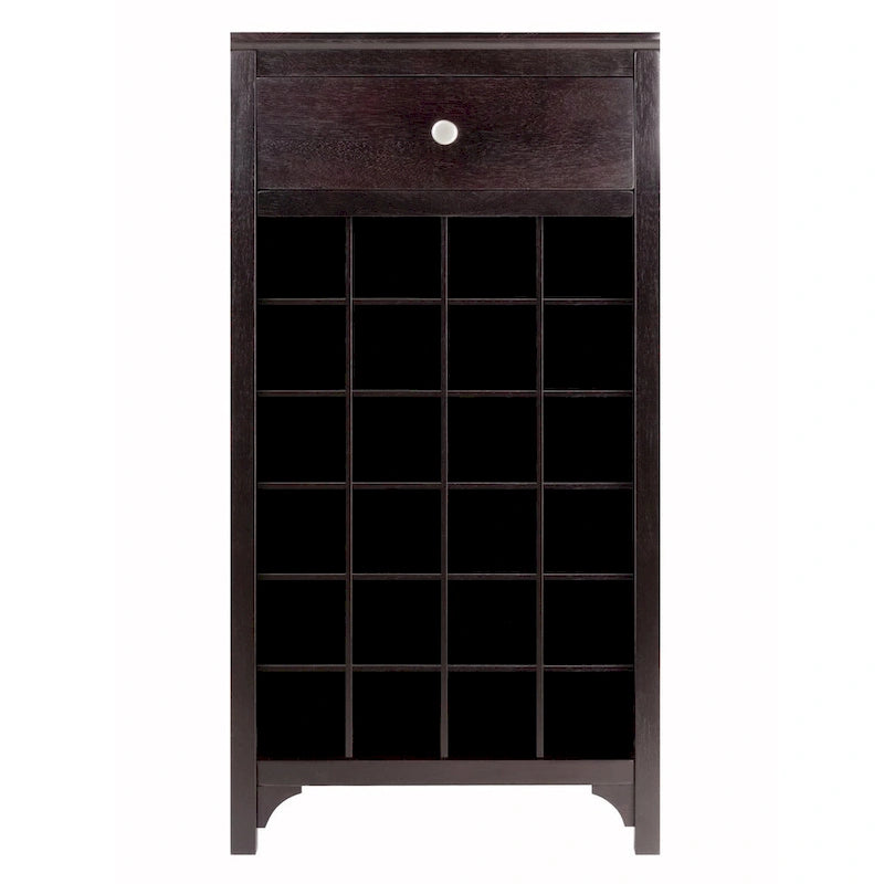 Vinoteca de madera color espresso, independiente, con capacidad para 20 botellas