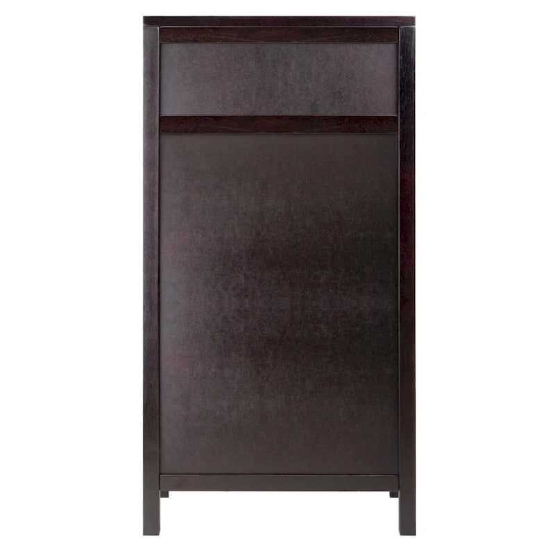 Vinoteca de madera color espresso, independiente, con capacidad para 20 botellas