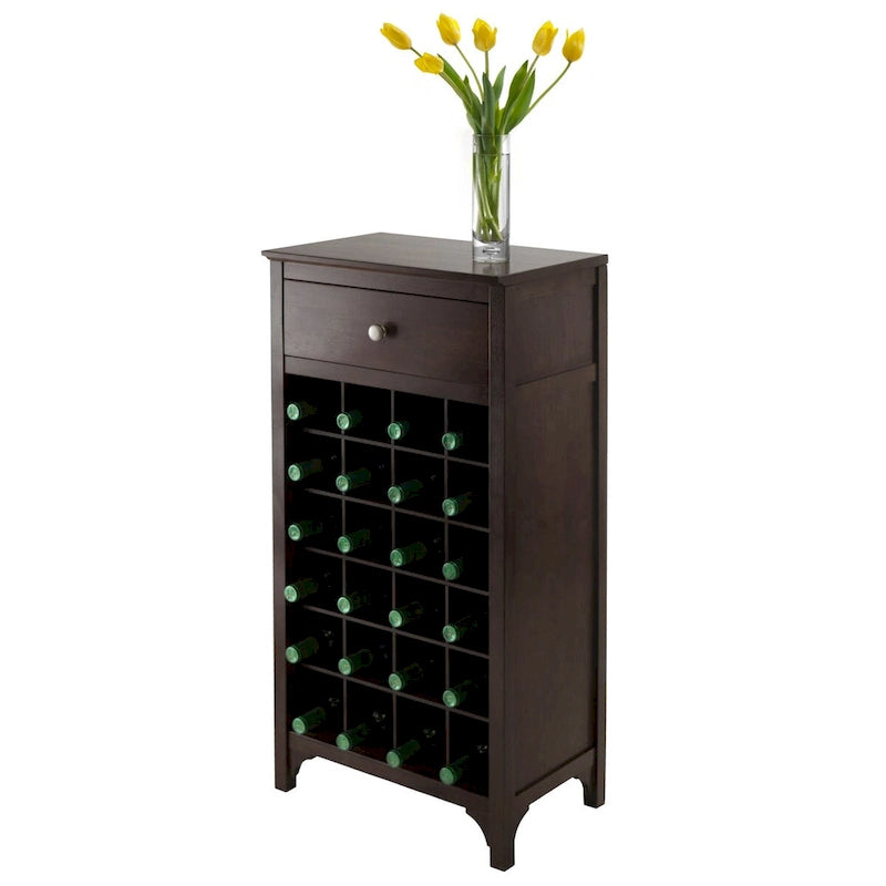 Vinoteca de madera color espresso, independiente, con capacidad para 20 botellas