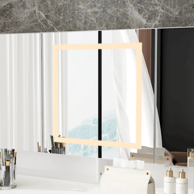Elegante tocador blanco con luces LED, espejos y almacenamiento