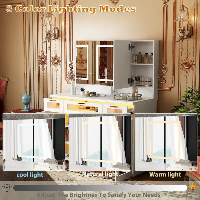 Elegante tocador blanco con luces LED, espejos y almacenamiento