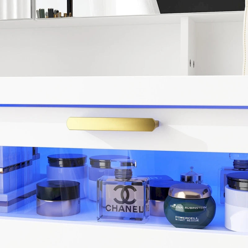 Elegante tocador blanco con luces LED, espejos y almacenamiento