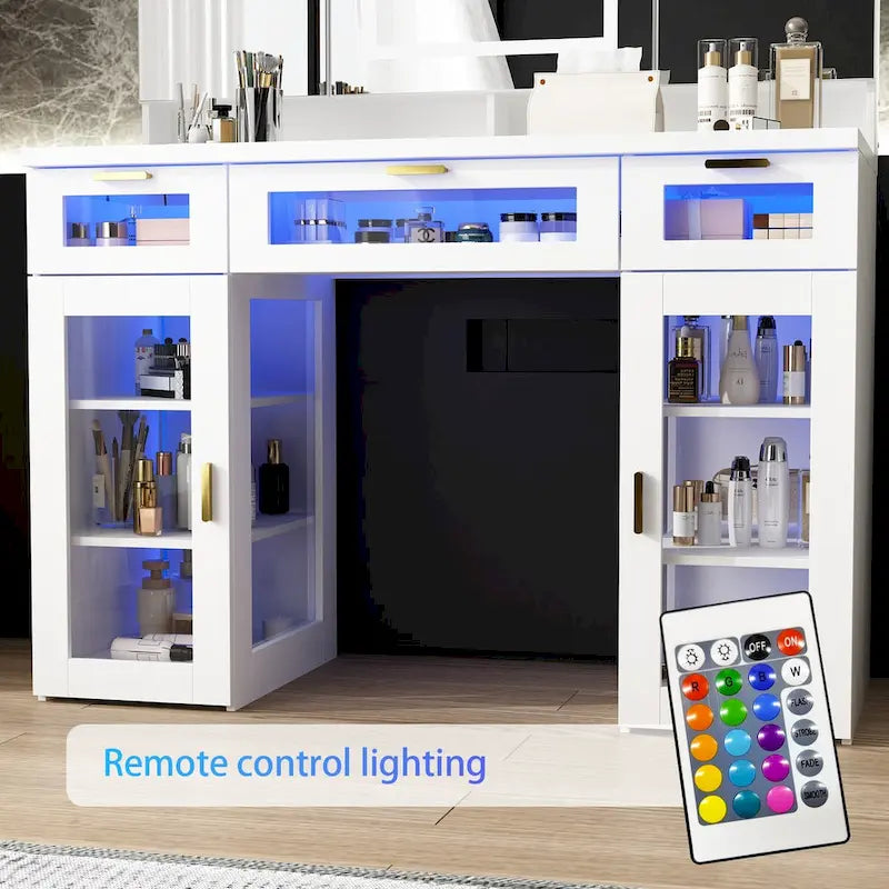 Elegante tocador blanco con luces LED, espejos y almacenamiento