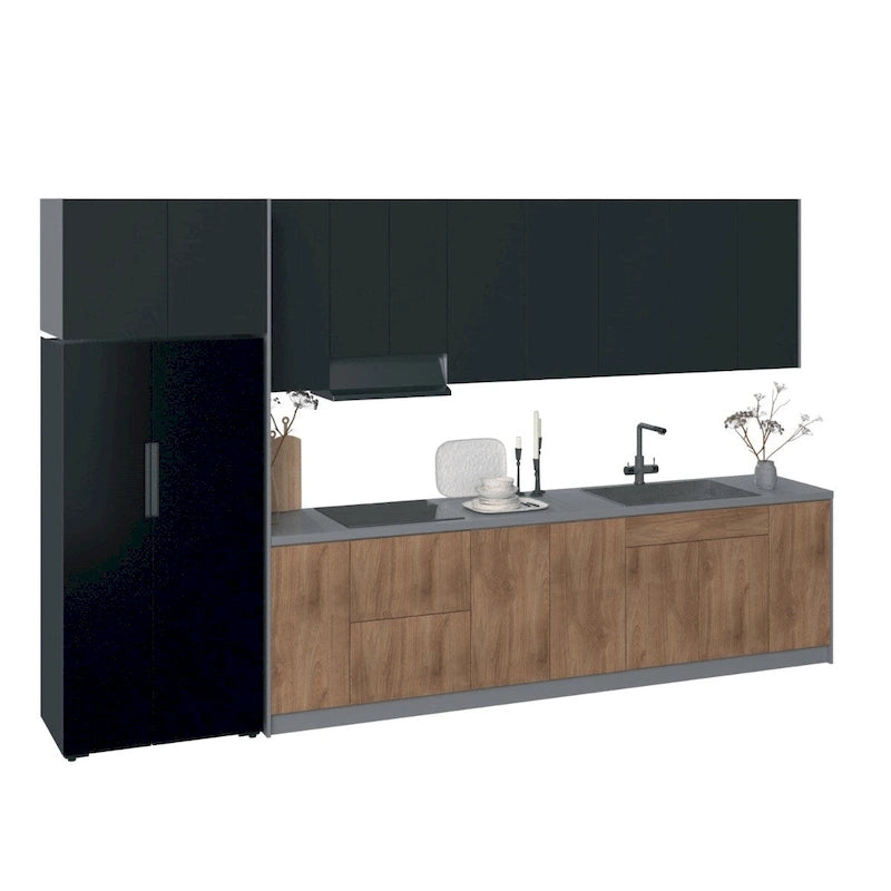 Juego de gabinetes de cocina modernos negro/blanco/plateado/marrón claro, 157×24 pulgadas