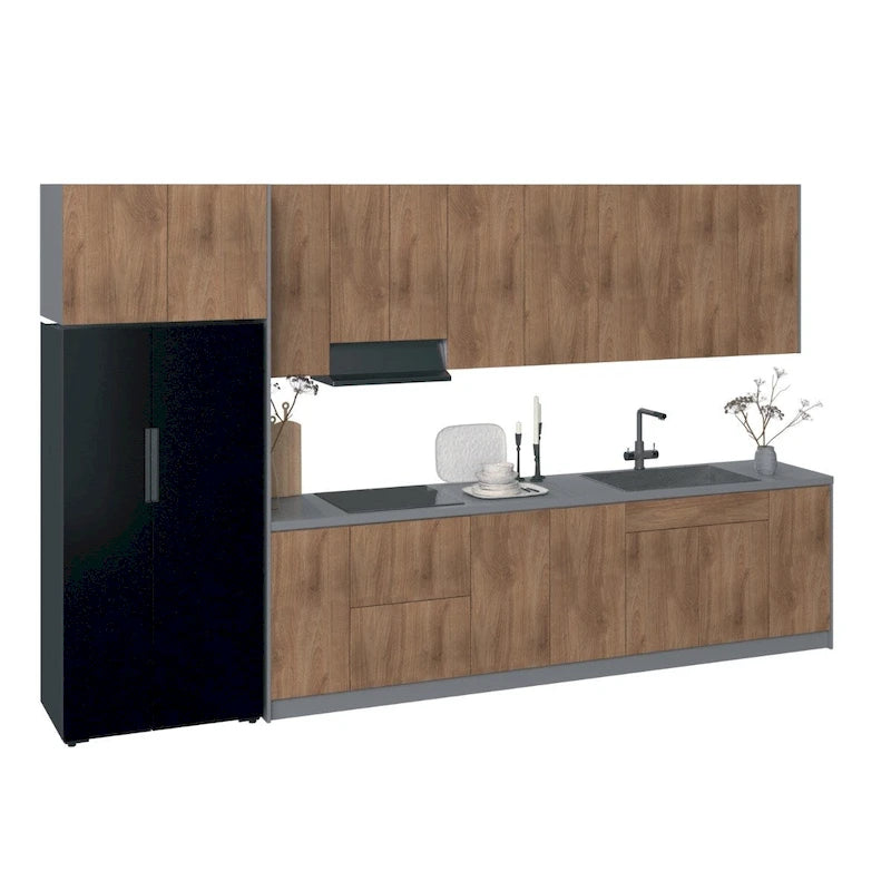 Juego de gabinetes de cocina modernos negro/blanco/plateado/marrón claro, 157×24 pulgadas