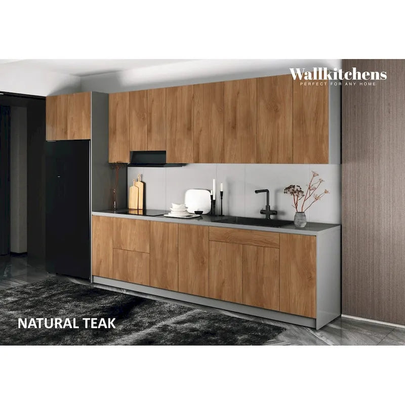 Juego de gabinetes de cocina modernos negro/blanco/plateado/marrón claro, 157×24 pulgadas