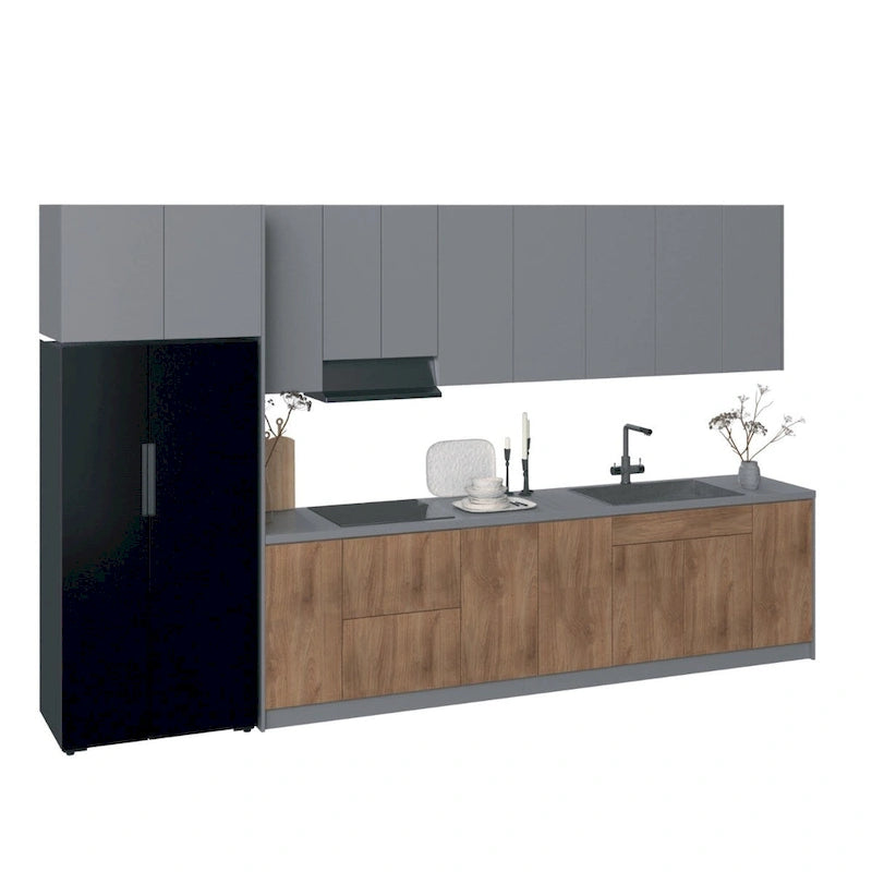 Juego de gabinetes de cocina modernos negro/blanco/plateado/marrón claro, 157×24 pulgadas