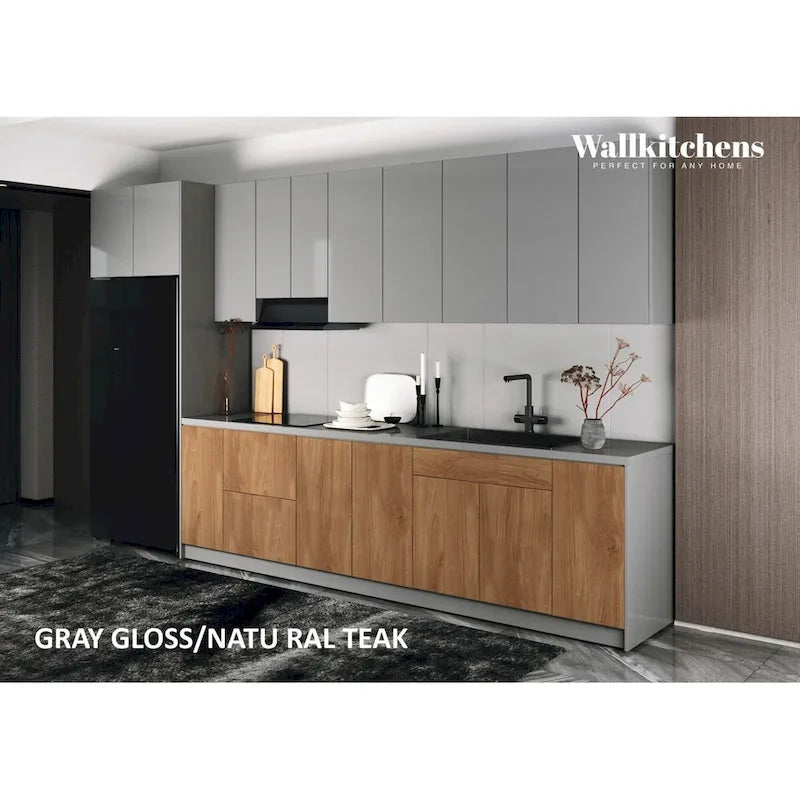 Juego de gabinetes de cocina modernos negro/blanco/plateado/marrón claro, 157×24 pulgadas