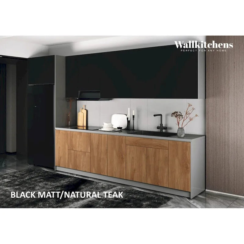 Juego de gabinetes de cocina modernos negro/blanco/plateado/marrón claro, 157×24 pulgadas