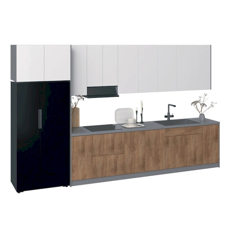 Juego de gabinetes de cocina modernos negro/blanco/plateado/marrón claro, 157×24 pulgadas