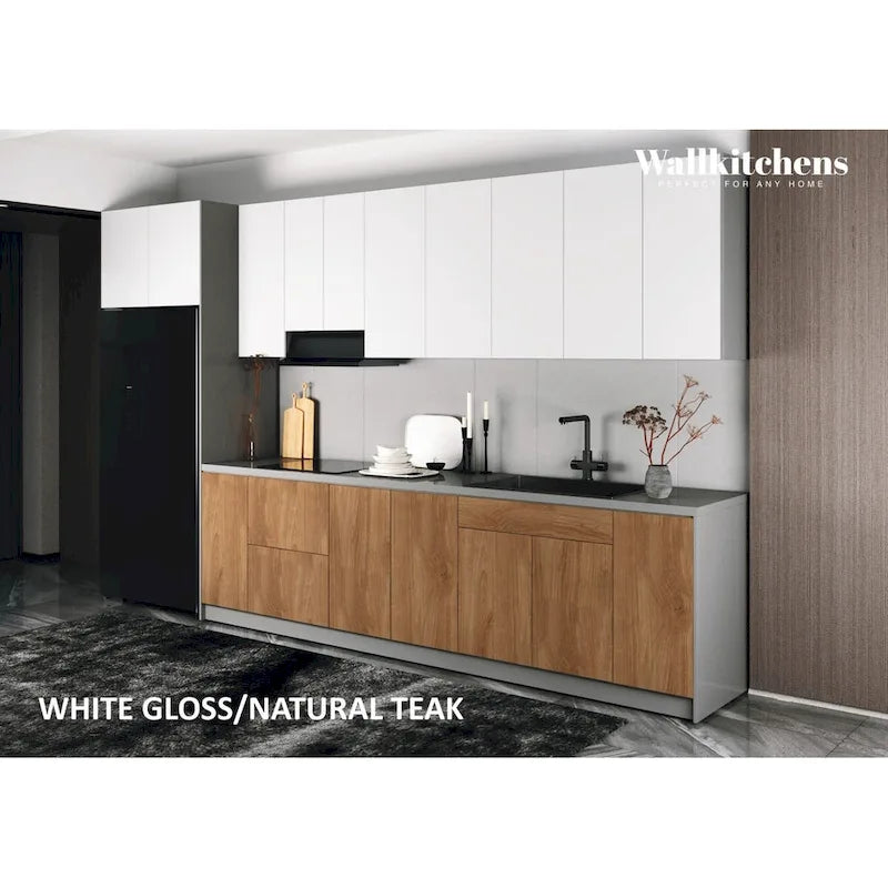 Juego de gabinetes de cocina modernos negro/blanco/plateado/marrón claro, 157×24 pulgadas