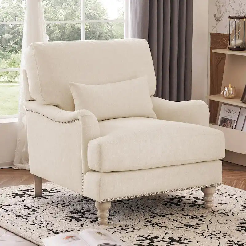 Sillón moderno tapizado, estructura de madera maciza con cojín lumbar, para sala de estar